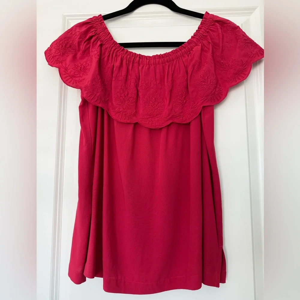 LOFT Fuchsia Off-Shoulder Embroidered Ruffle Tunic - Picture 1 of 5